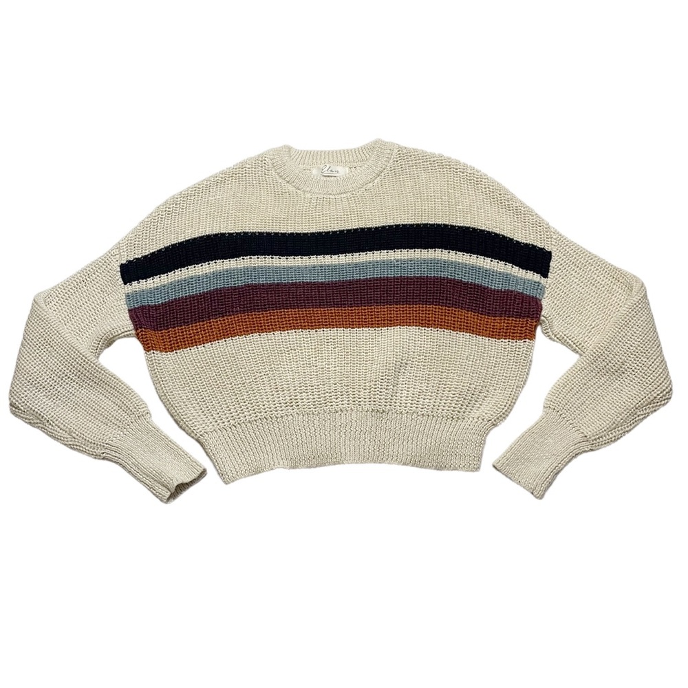 Elan Preppy Stretchy Soft Crewneck Knit Sweater Colorful Stripes Size Small
